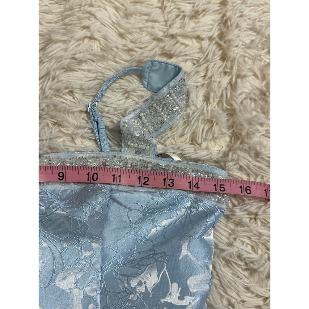 Blue Jacquard Sequin Corset Back Removable Bow Dress Long Gown Sz S - Picture 16 of 16